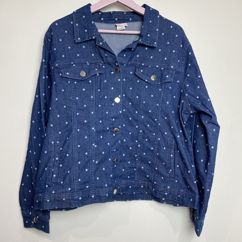 American Sweetheart Jean Jacket Women’s Sz Large Blue White Polka Dot Denim GUC
